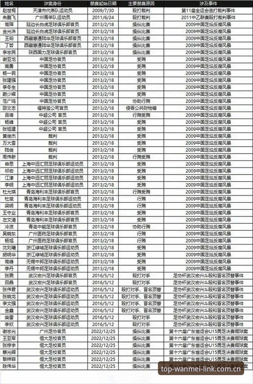 中国足协第三批禁足名单详解：17人终身禁赛，48人遭重罚